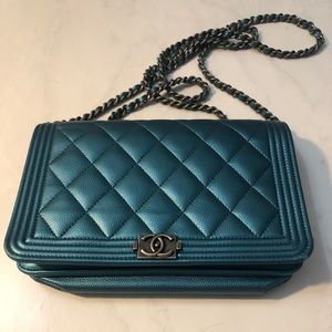 Authentic turquoise Boy WOC caviar leather
